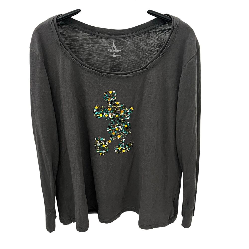 Disney Charcoal Gray Long Sleeve Top with Multicolor Jeweled Mickey